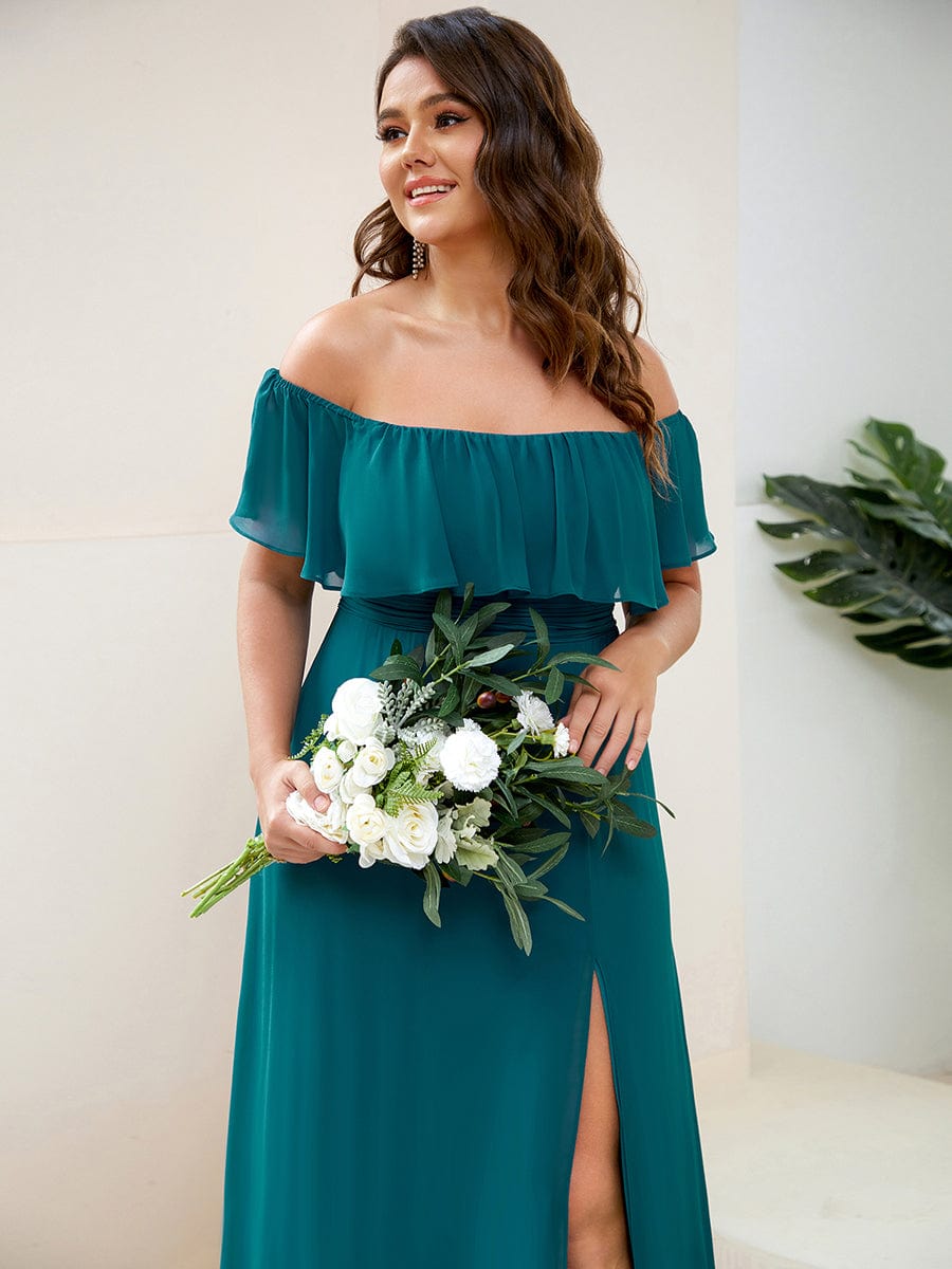 Women's Off-The-Shoulder Ruffle Thigh Split Plus Size Bridesmaid Dress #color_Teal