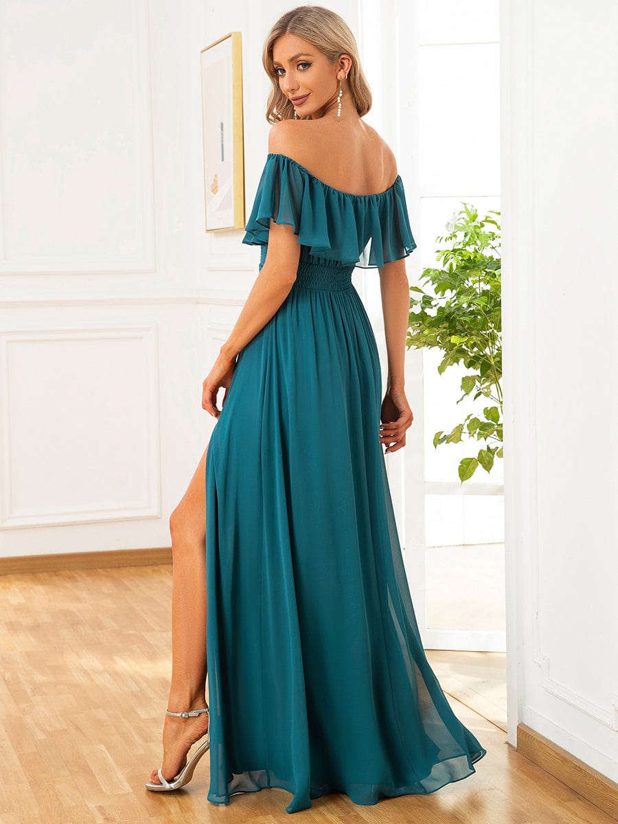 Women's Off-The-Shoulder Ruffle Thigh Split Bridesmaid Dresses #color_Teal