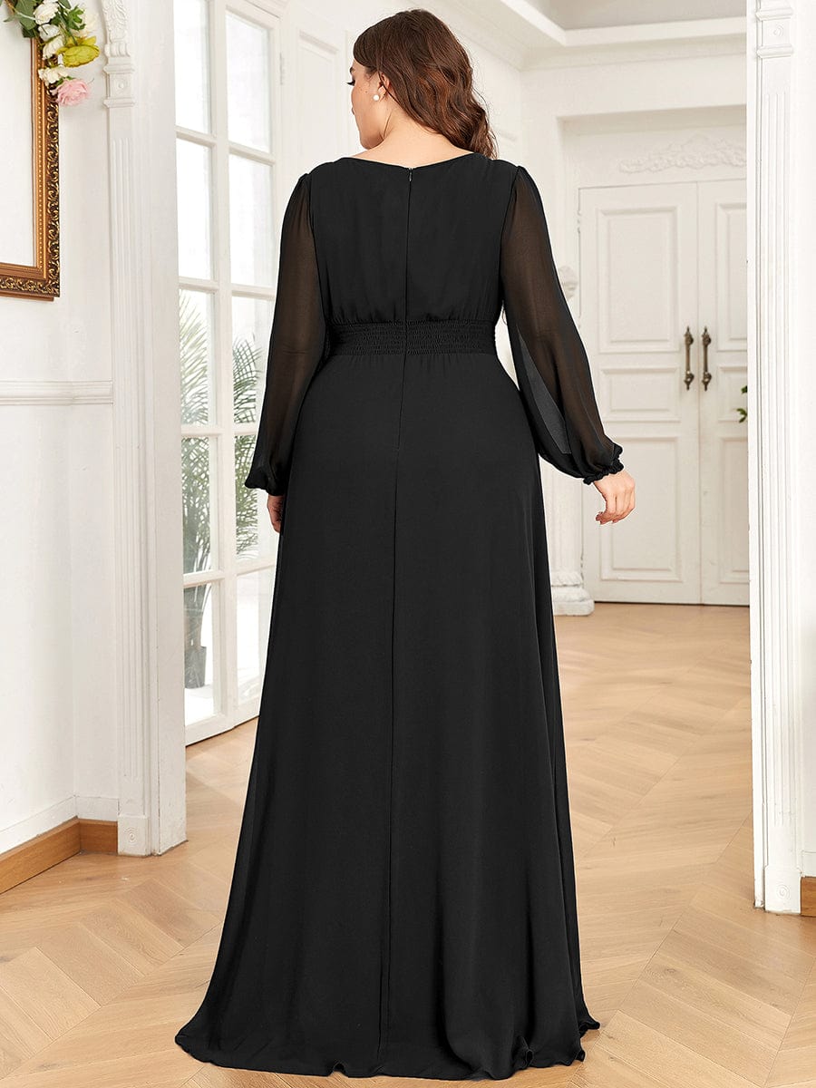 Chiffon Long Sleeve Pleated Floor Length Bridesmaid Dress #color_Black