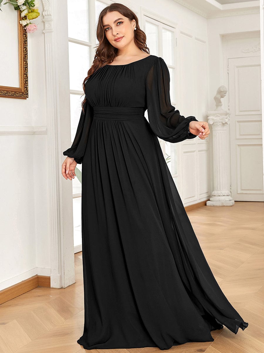 Chiffon Long Sleeve Pleated Floor Length Bridesmaid Dress #color_Black