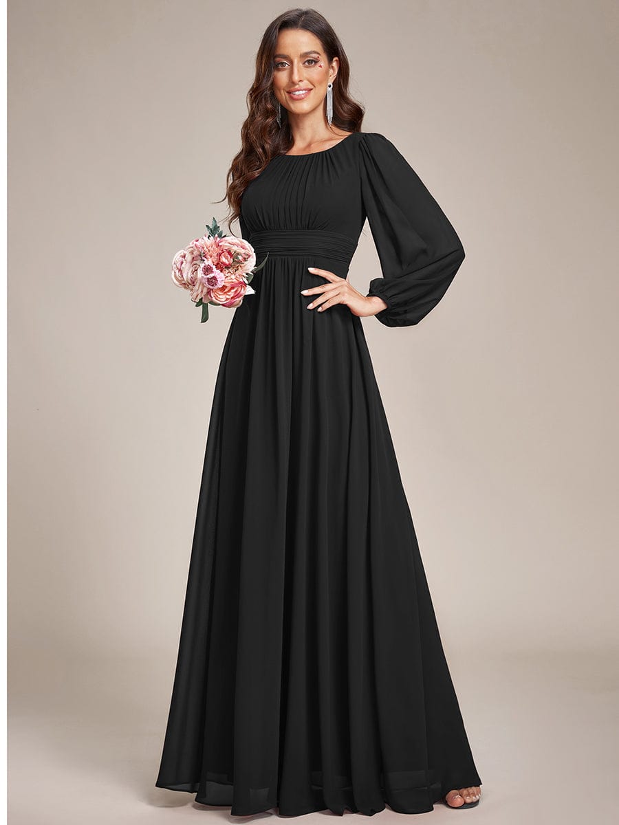 Chiffon Long Sleeve Pleated Floor Length Bridesmaid Dress #color_Black