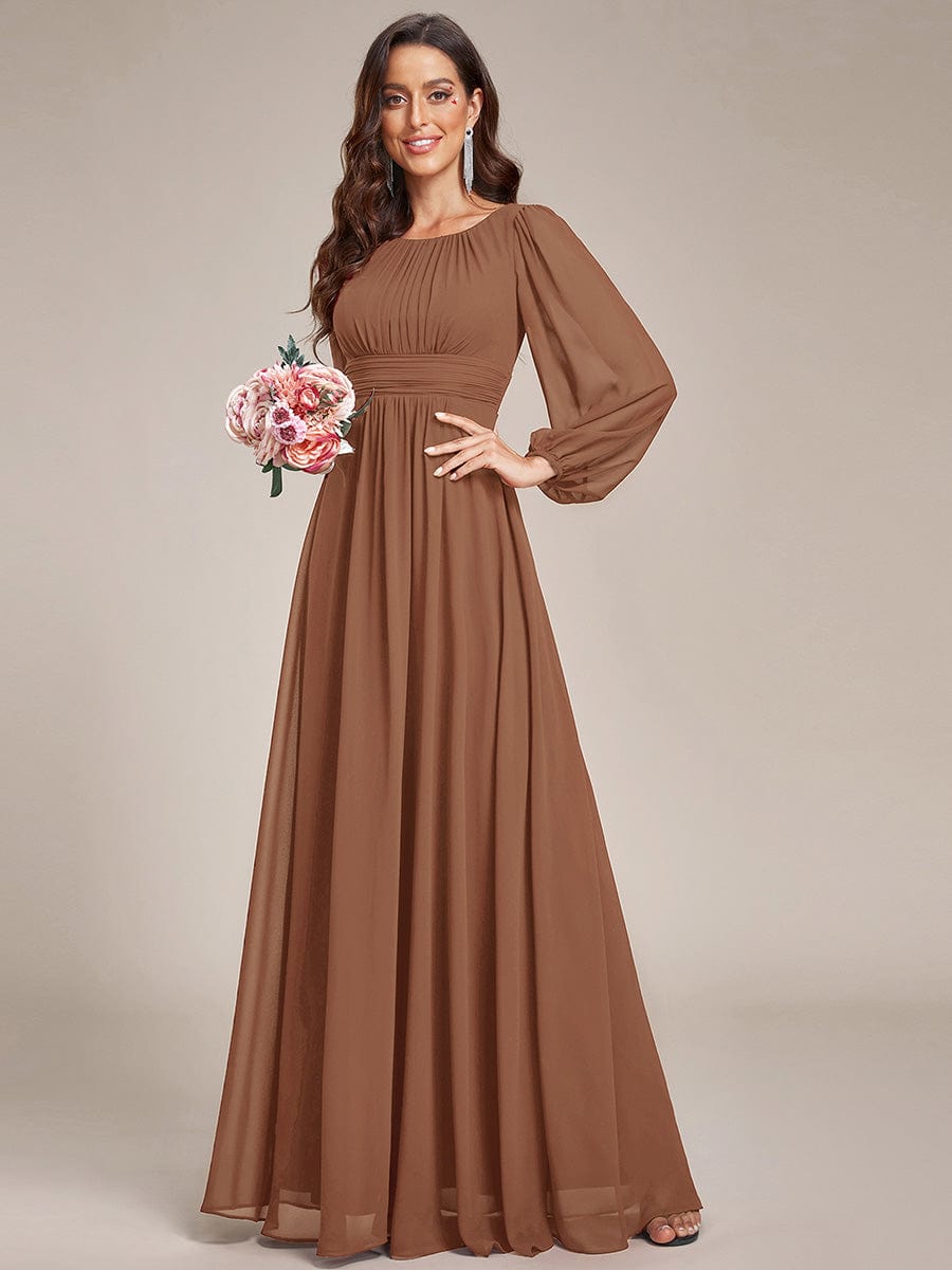 Chiffon Long Sleeve Pleated Floor Length Bridesmaid Dress #color_Brown