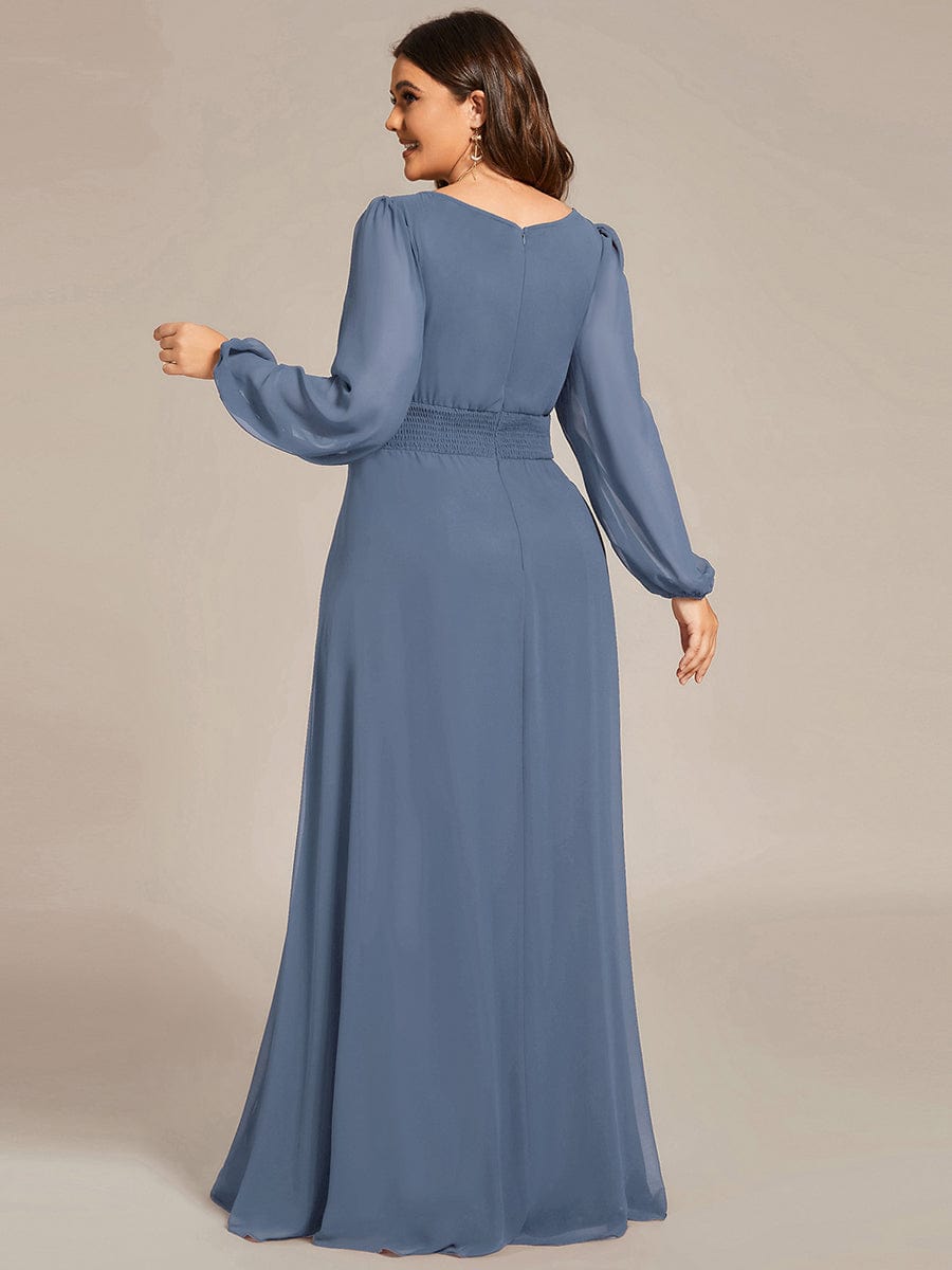 Chiffon Long Sleeve Pleated Floor Length Bridesmaid Dress in Dusty Blue #color_Dusty Blue