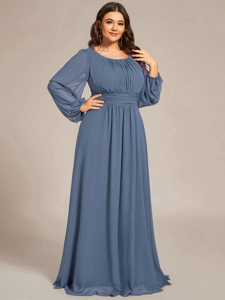 Chiffon Long Sleeve Pleated Floor Length Bridesmaid Dress in Dusty Blue #color_Dusty Blue