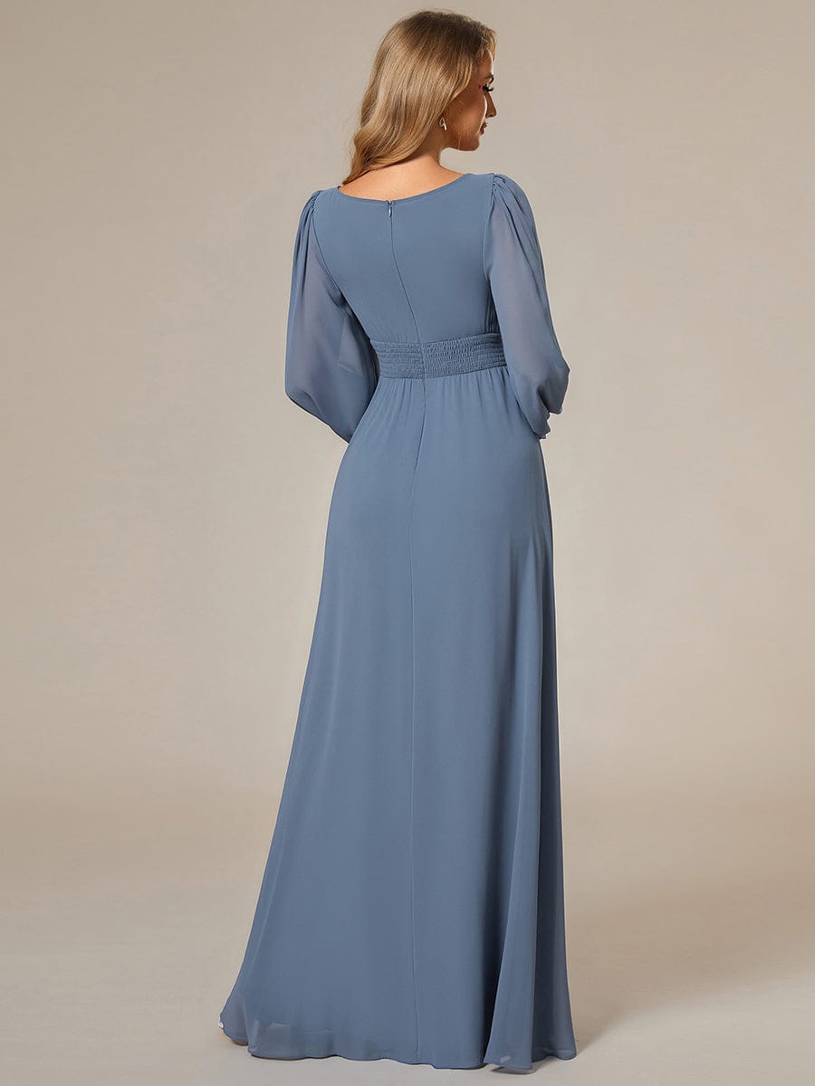 Chiffon Long Sleeve Pleated Floor Length Bridesmaid Dress in Dusty Blue #color_Dusty Blue