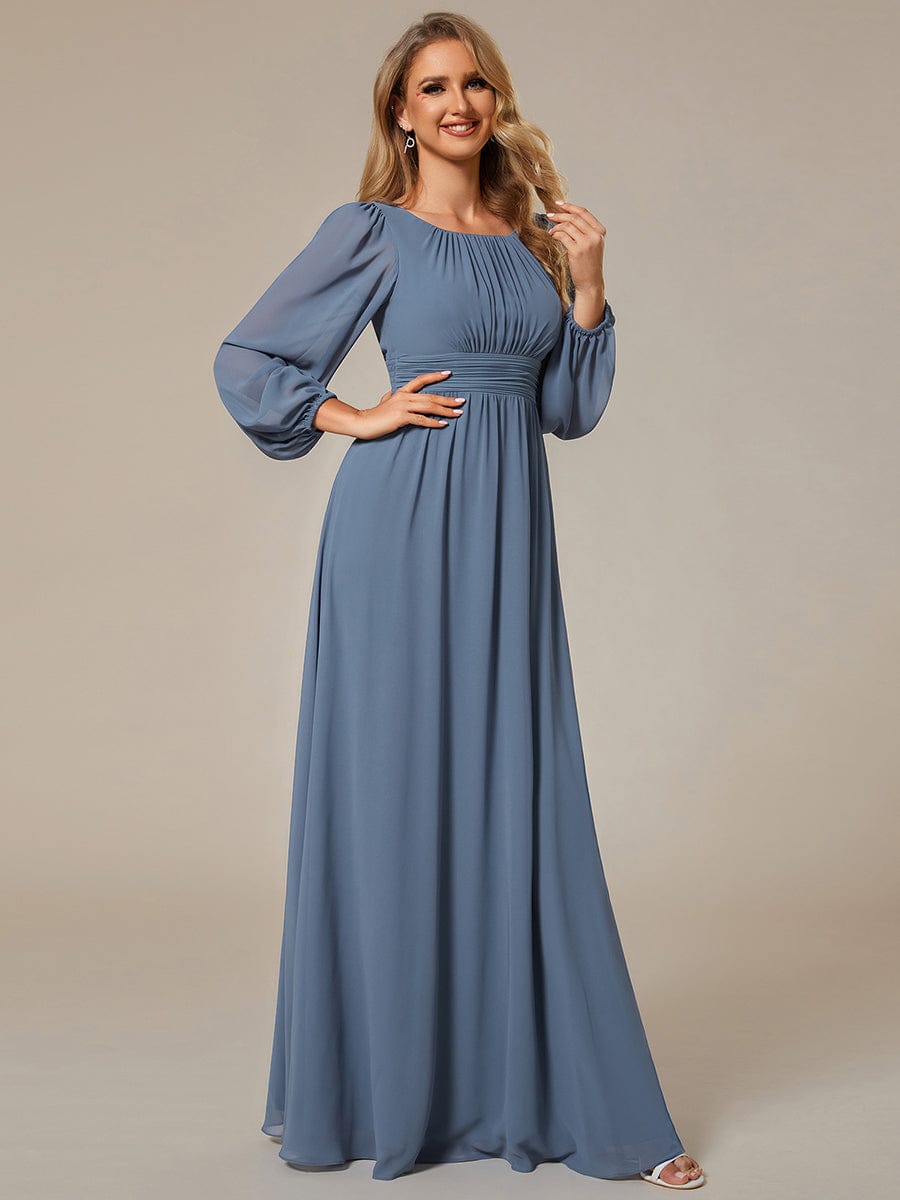 Chiffon Long Sleeve Pleated Floor Length Bridesmaid Dress in Dusty Blue #color_Dusty Blue