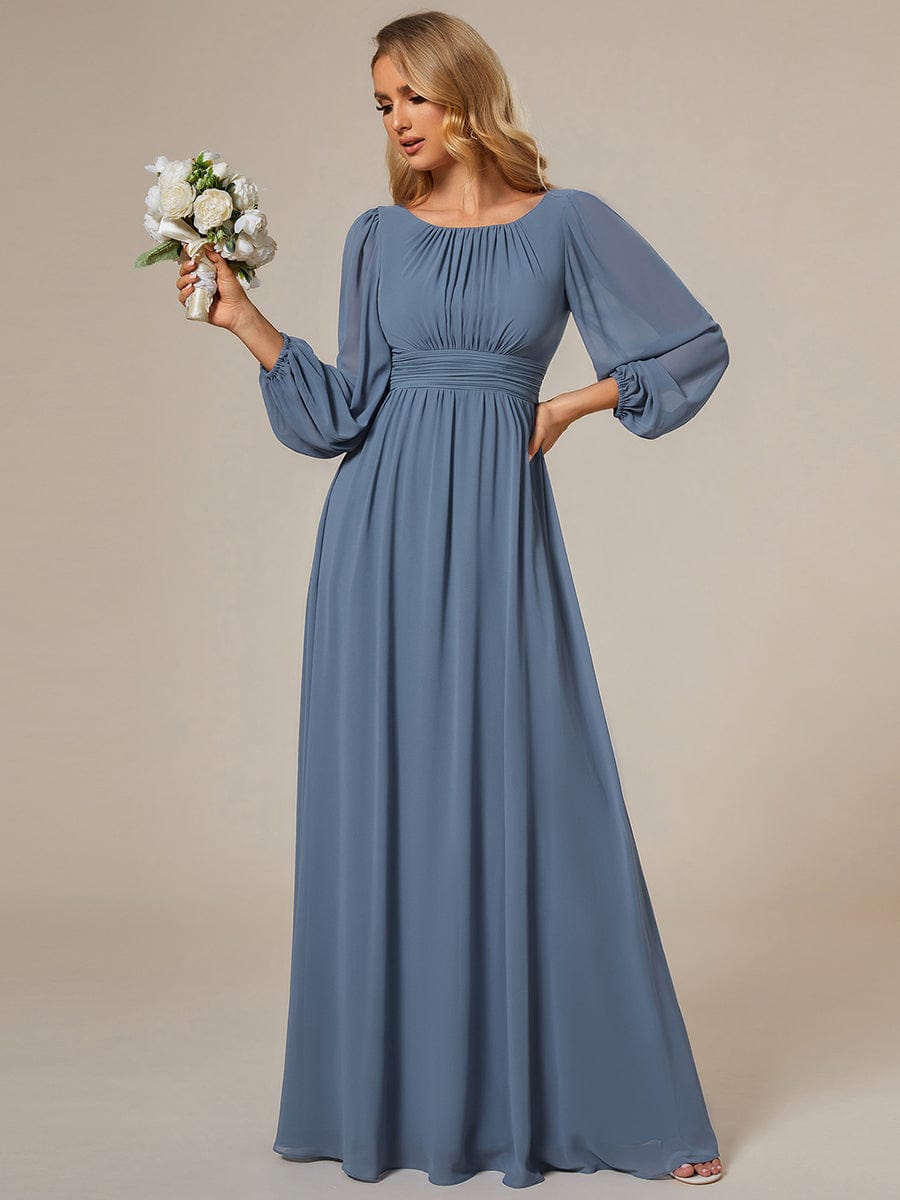 Chiffon Long Sleeve Pleated Floor Length Bridesmaid Dress in Dusty Blue #color_Dusty Blue