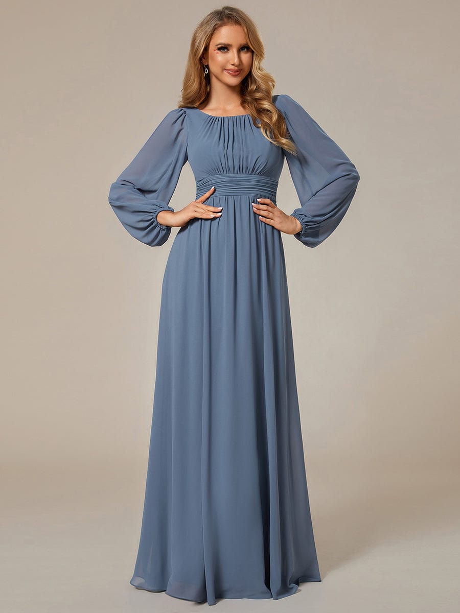 Chiffon Long Sleeve Pleated Floor Length Bridesmaid Dress in Dusty Blue #color_Dusty Blue