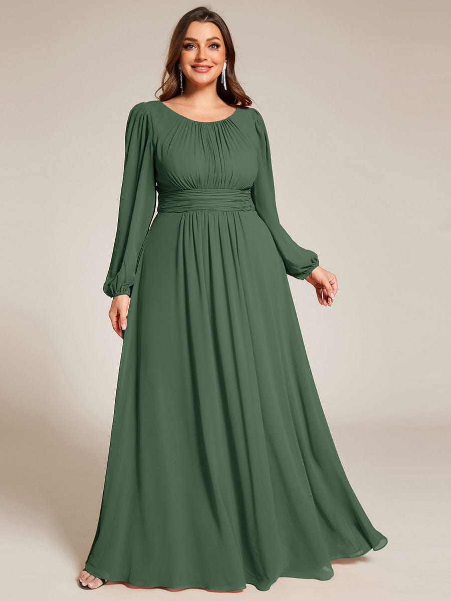 Plus Size Sheer Long Sleeve Pleated Floor Length Bridesmaid Dress #color_Eucalyptus Green