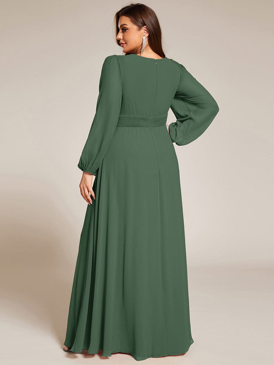 Plus Size Sheer Long Sleeve Pleated Floor Length Bridesmaid Dress #color_Eucalyptus Green