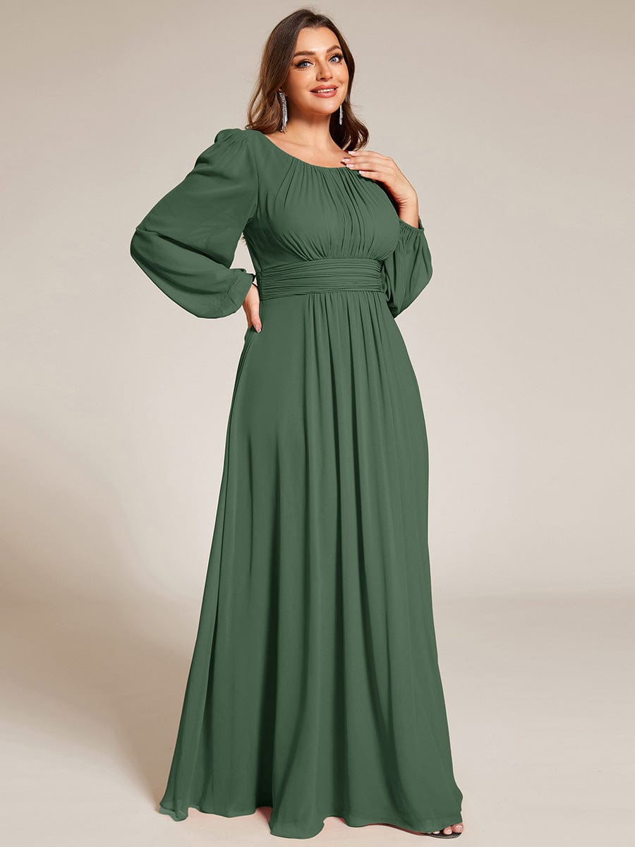 Plus Size Sheer Long Sleeve Pleated Floor Length Bridesmaid Dress #color_Eucalyptus Green