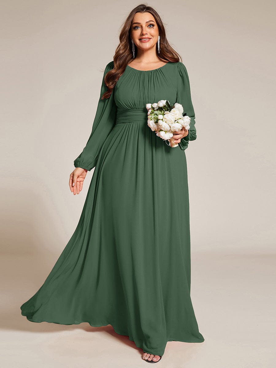 Plus Size Sheer Long Sleeve Pleated Floor Length Bridesmaid Dress #color_Eucalyptus Green