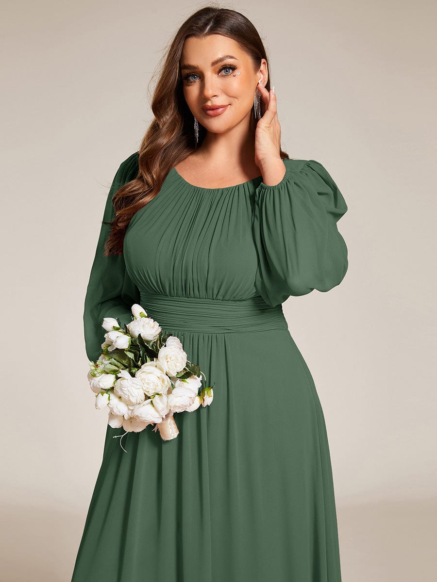 Plus Size Sheer Long Sleeve Pleated Floor Length Bridesmaid Dress #color_Eucalyptus Green