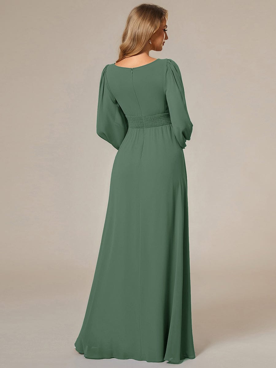 Chiffon Long Sleeve Pleated Floor Length Bridesmaid Dress #color_Eucalyptus Green