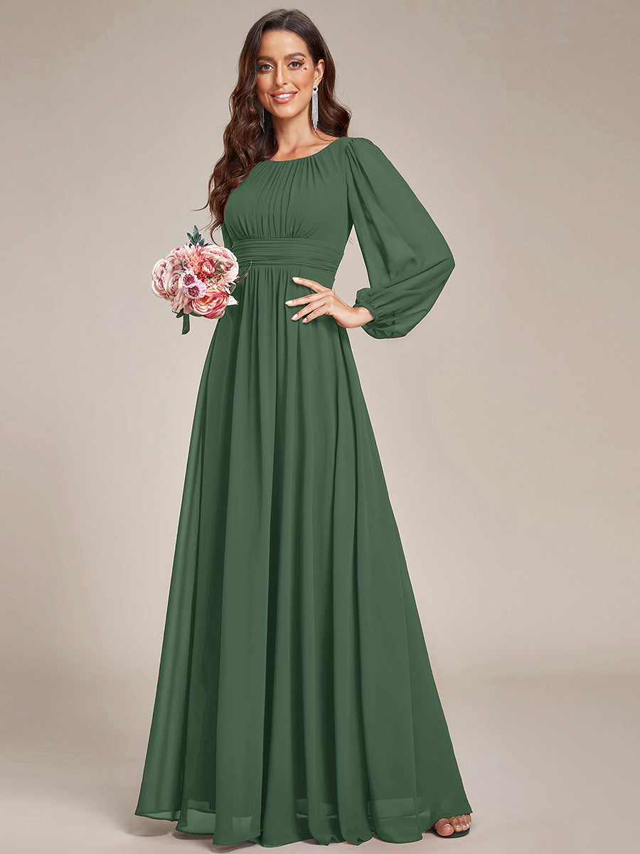 Chiffon Long Sleeve Pleated Floor Length Bridesmaid Dress #color_Eucalyptus Green