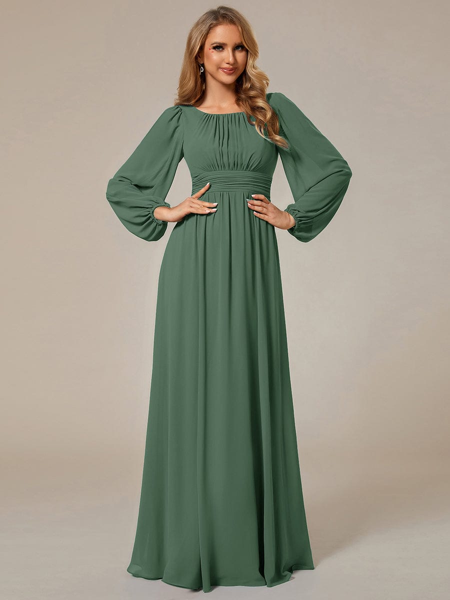 Chiffon Long Sleeve Pleated Floor Length Bridesmaid Dress #color_Eucalyptus Green