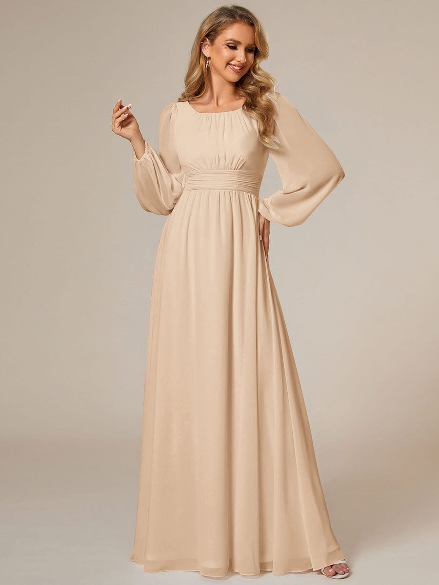 Chiffon Long Sleeve Pleated Floor Length Bridesmaid Dress #color_Gold