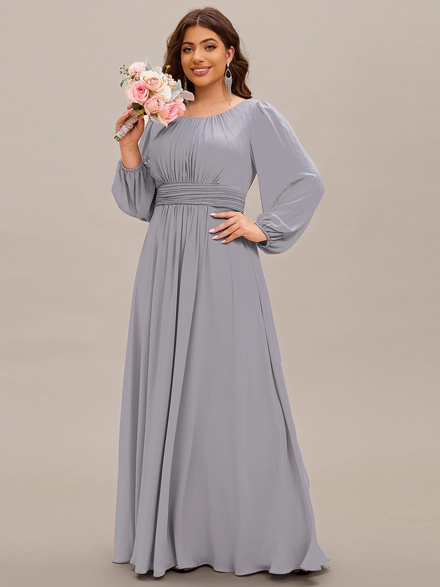 Chiffon Long Sleeve Pleated Floor Length Bridesmaid Dress #color_Grey