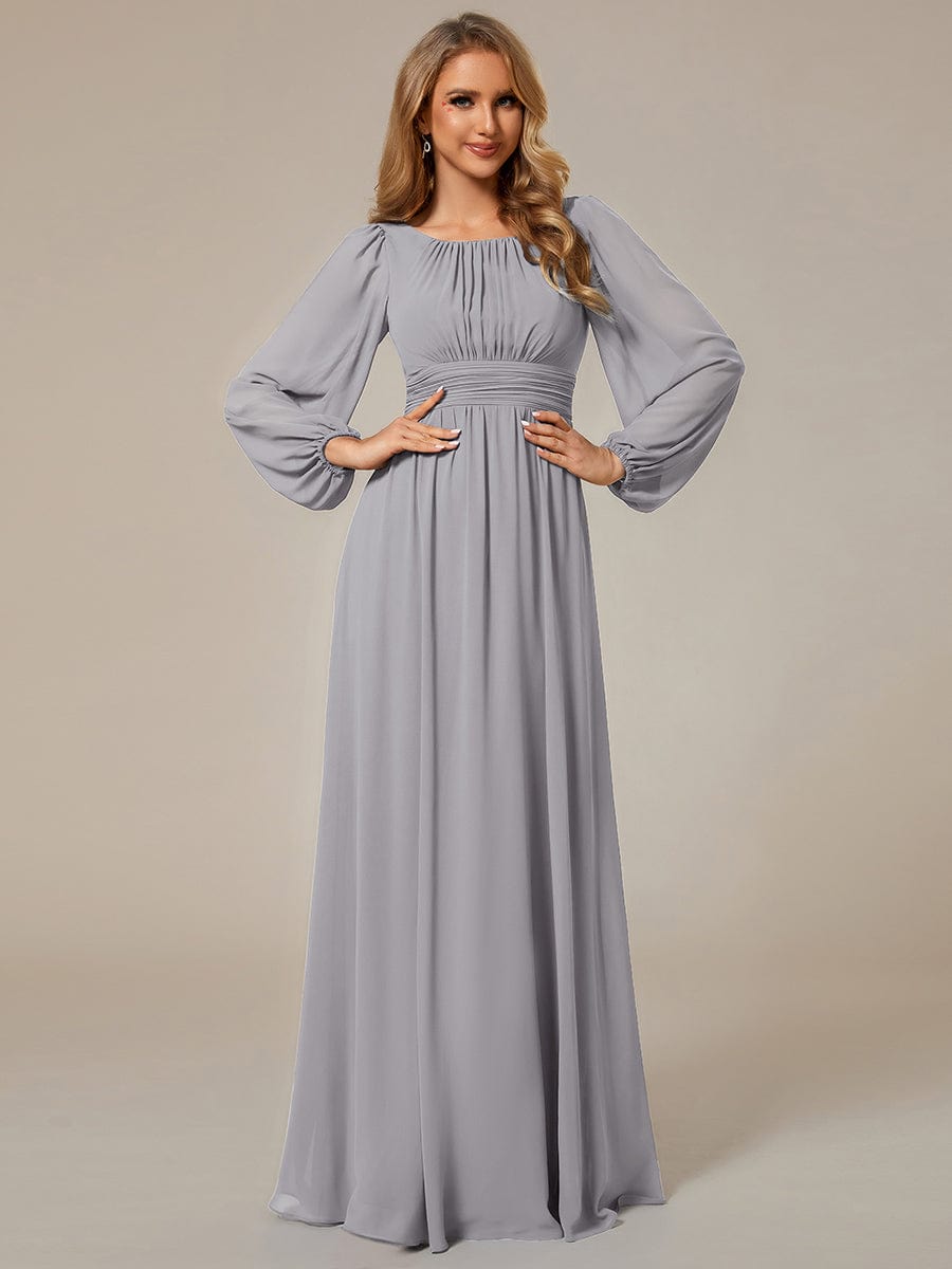 Chiffon Long Sleeve Pleated Floor Length Bridesmaid Dress #color_Grey