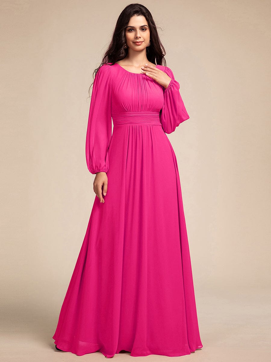 Chiffon Long Sleeve Pleated Floor Length Bridesmaid Dress #color_Hot Pink