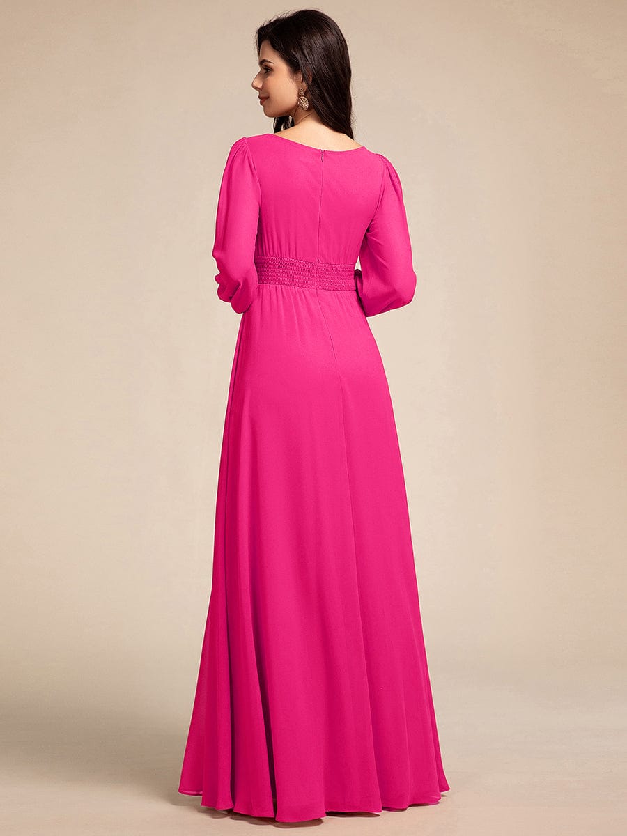 Chiffon Long Sleeve Pleated Floor Length Bridesmaid Dress #color_Hot Pink