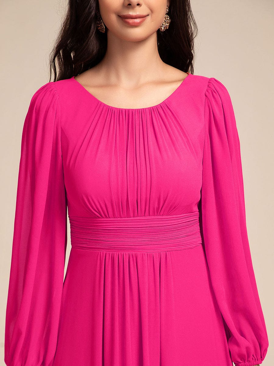 Chiffon Long Sleeve Pleated Floor Length Bridesmaid Dress #color_Hot Pink