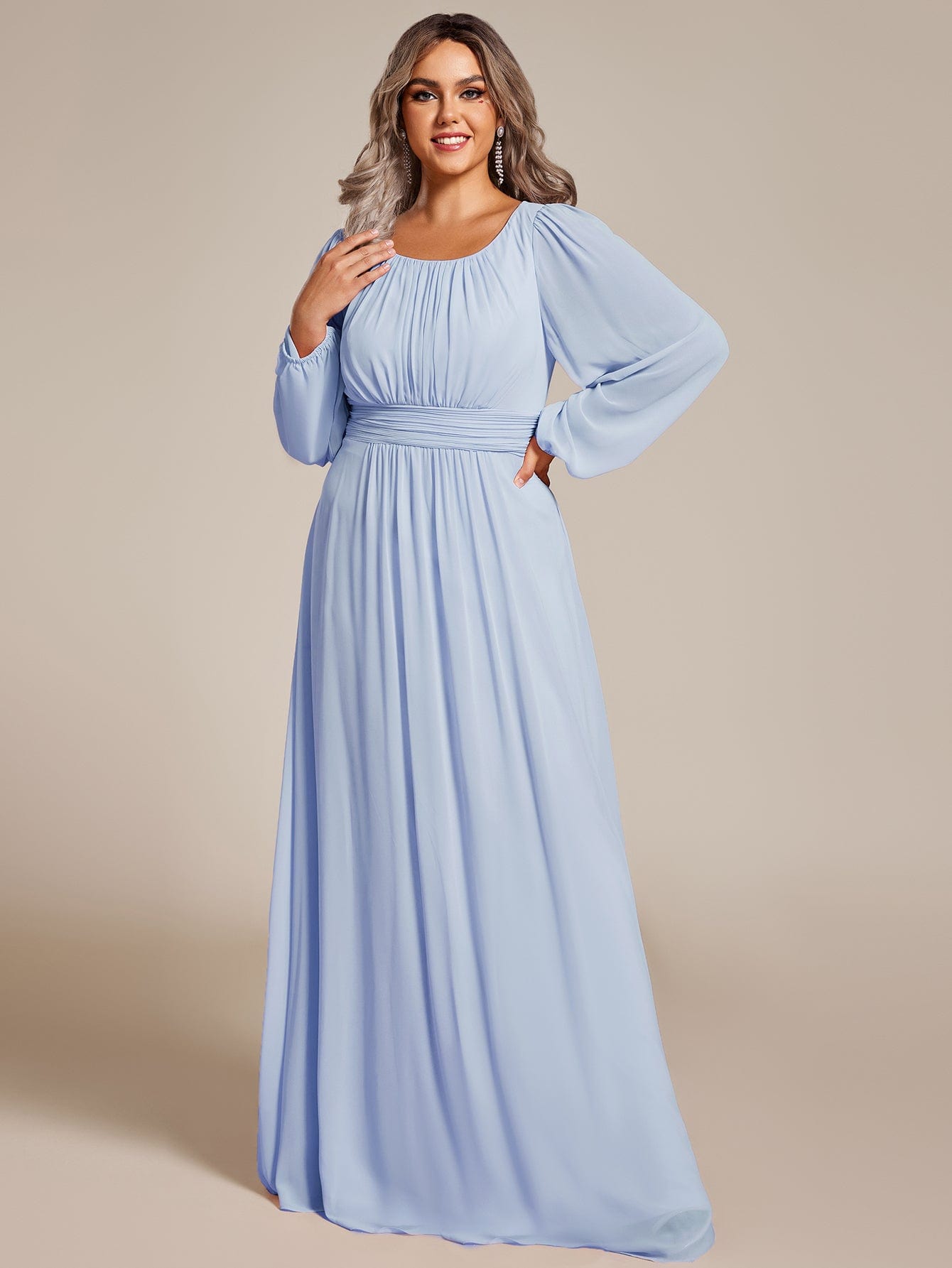 Chiffon Long Sleeve Pleated Floor Length Bridesmaid Dress #color_Ice Blue