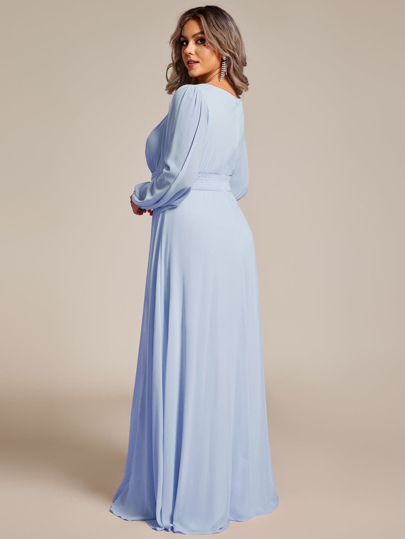 Chiffon Long Sleeve Pleated Floor Length Bridesmaid Dress #color_Ice Blue