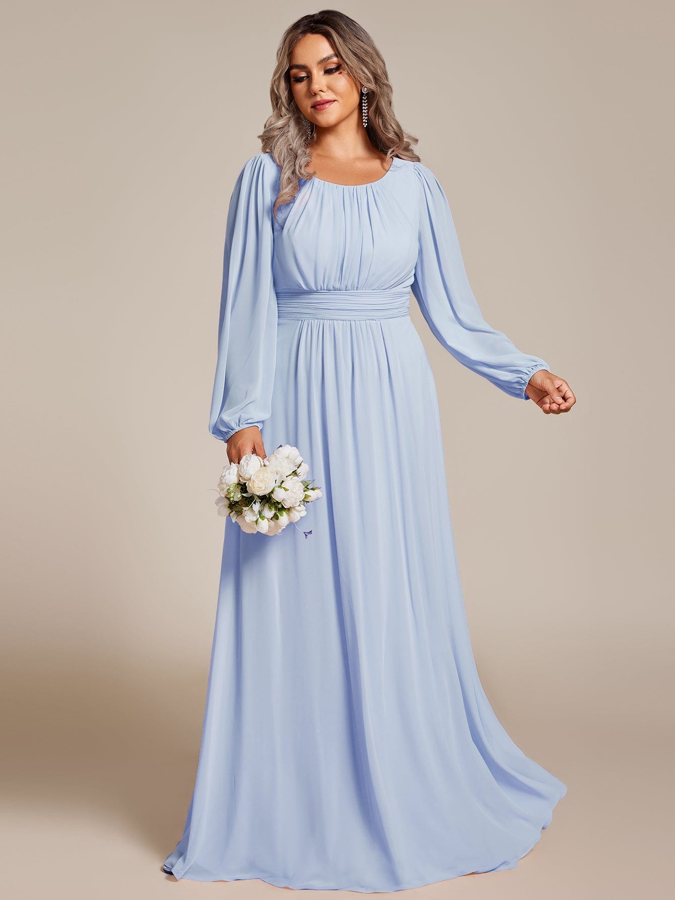 Chiffon Long Sleeve Pleated Floor Length Bridesmaid Dress #color_Ice Blue