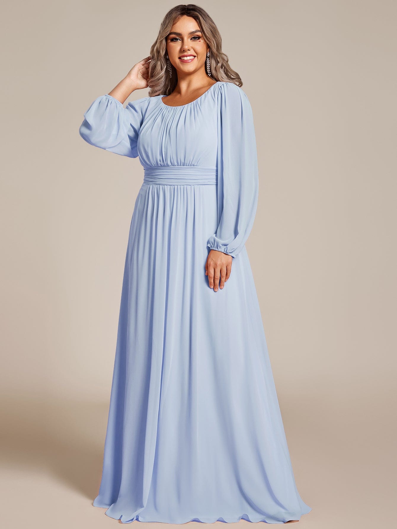 Chiffon Long Sleeve Pleated Floor Length Bridesmaid Dress #color_Ice Blue