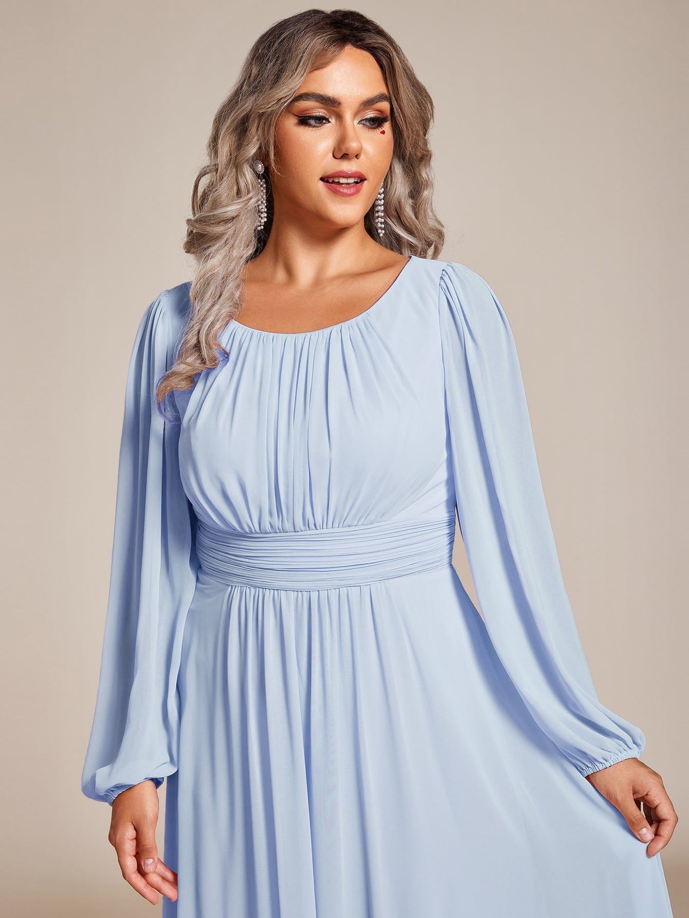 Chiffon Long Sleeve Pleated Floor Length Bridesmaid Dress #color_Ice Blue