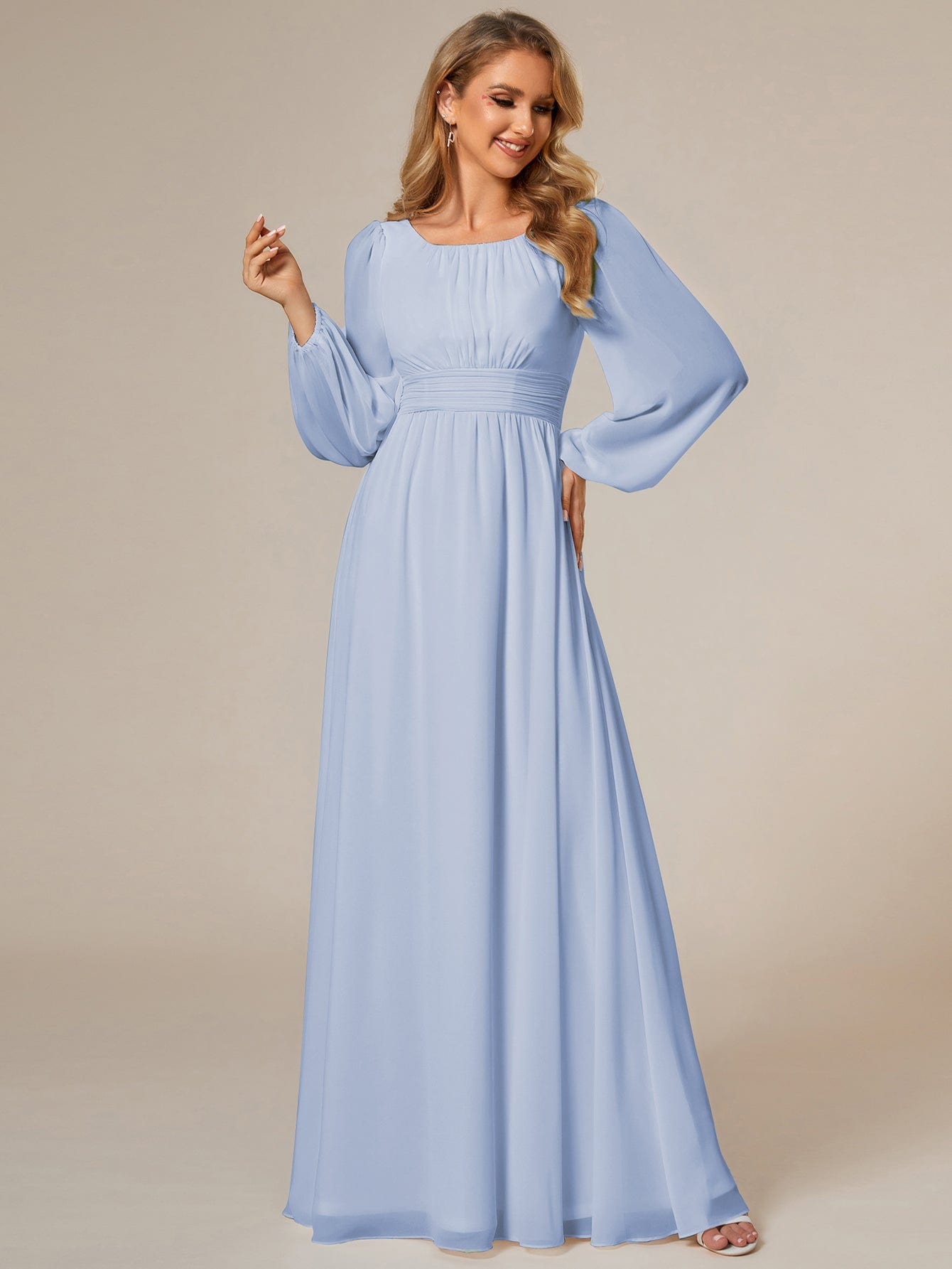 Chiffon Long Sleeve Pleated Floor Length Bridesmaid Dress #color_Ice Blue