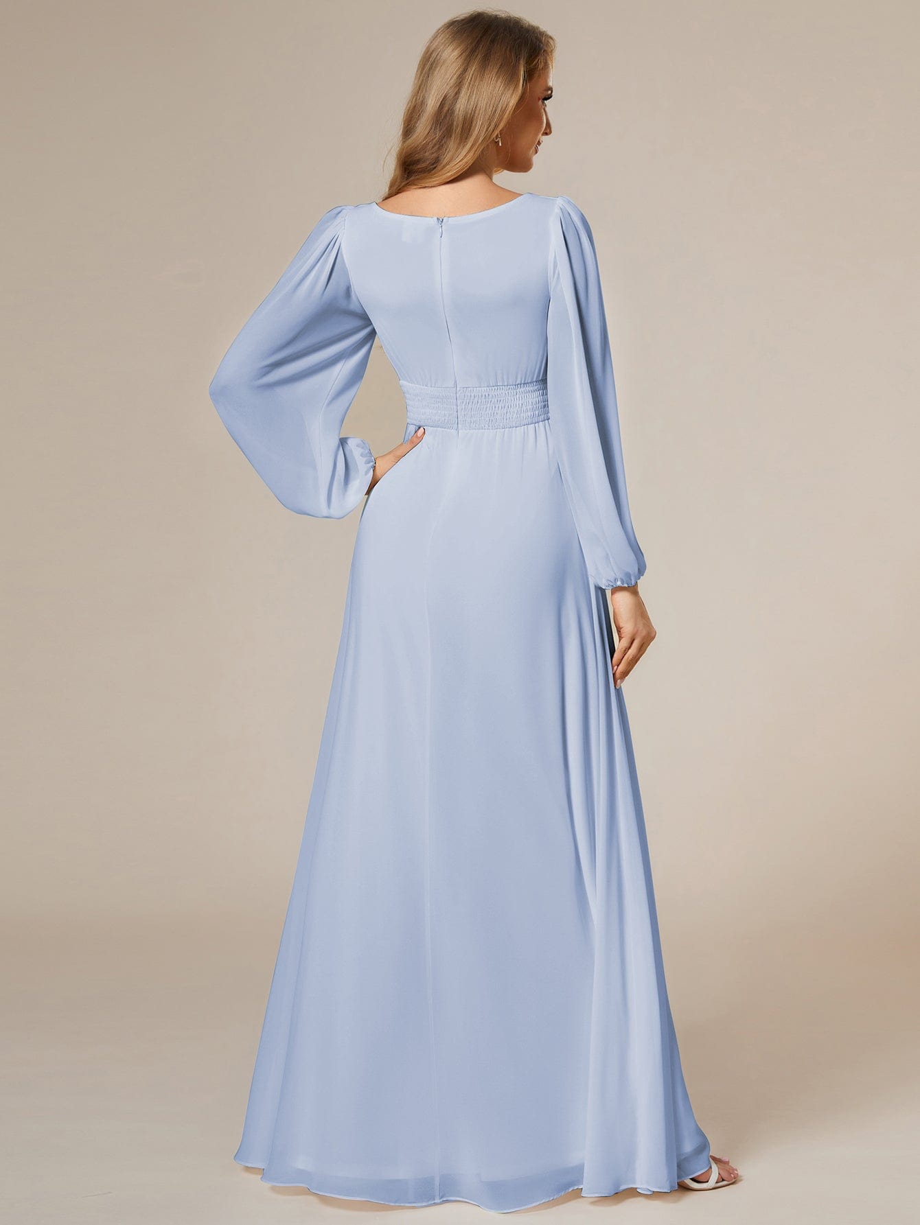 Chiffon Long Sleeve Pleated Floor Length Bridesmaid Dress #color_Ice Blue