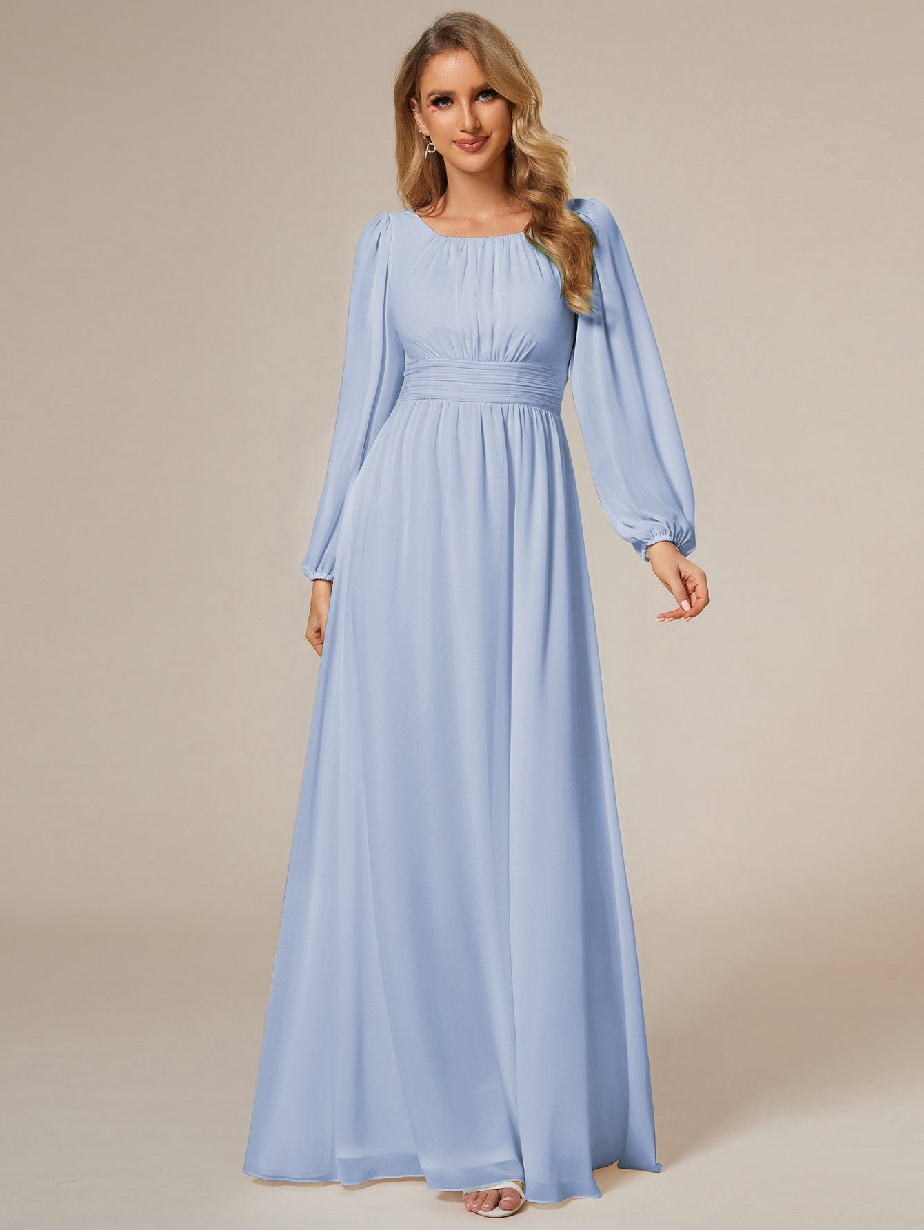 Chiffon Long Sleeve Pleated Floor Length Bridesmaid Dress #color_Ice Blue