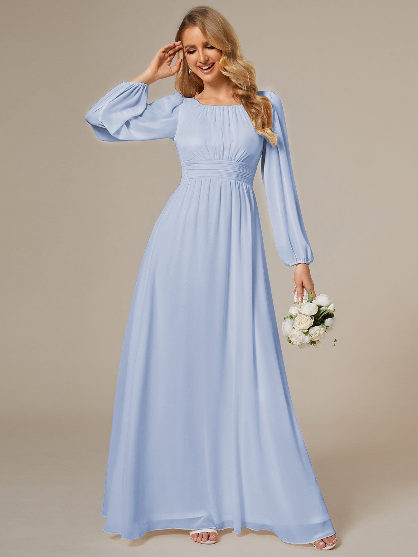 Chiffon Long Sleeve Pleated Floor Length Bridesmaid Dress #color_Ice Blue