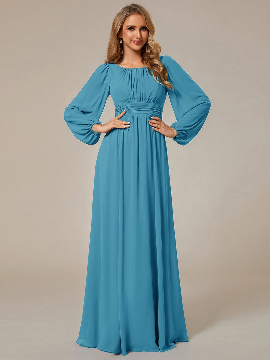 Chiffon Long Sleeve Pleated Floor Length Bridesmaid Dress #color_Jade Blue