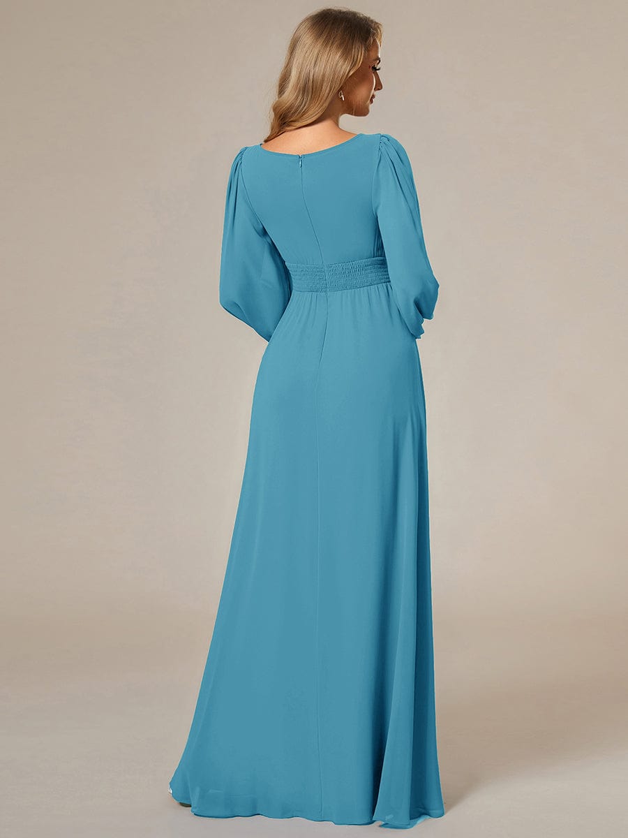 Chiffon Long Sleeve Pleated Floor Length Bridesmaid Dress #color_Jade Blue