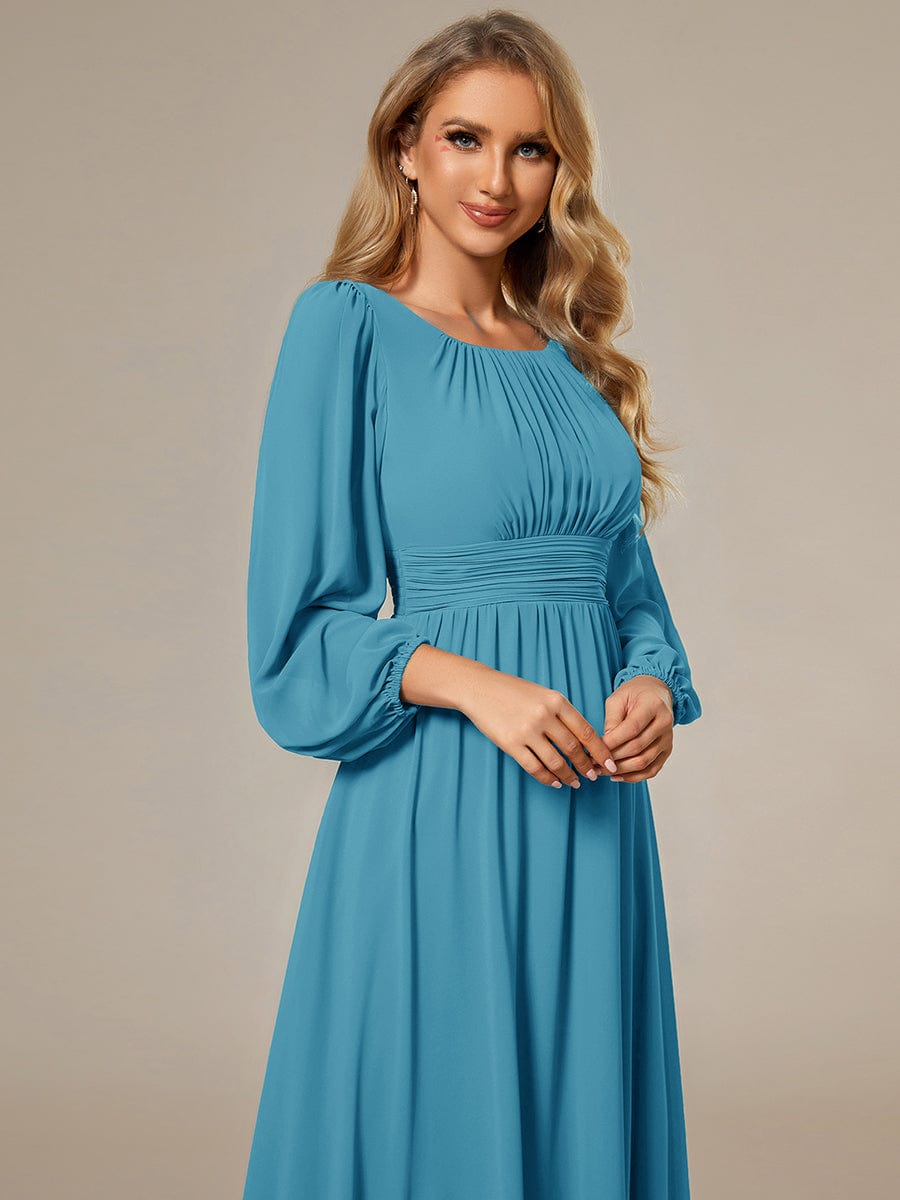 Chiffon Long Sleeve Pleated Floor Length Bridesmaid Dress #color_Jade Blue