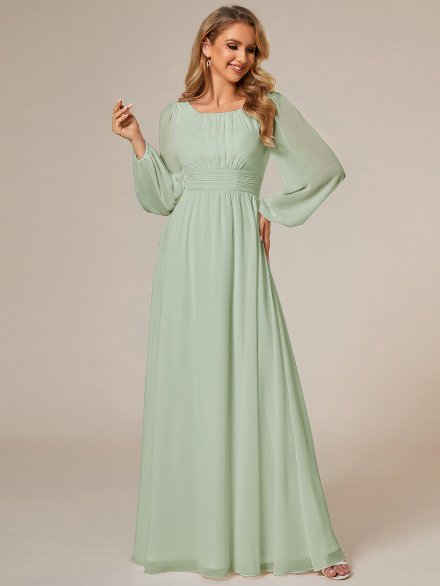 Chiffon Long Sleeve Pleated Floor Length Bridesmaid Dress in Mint Green #color_Mint Green