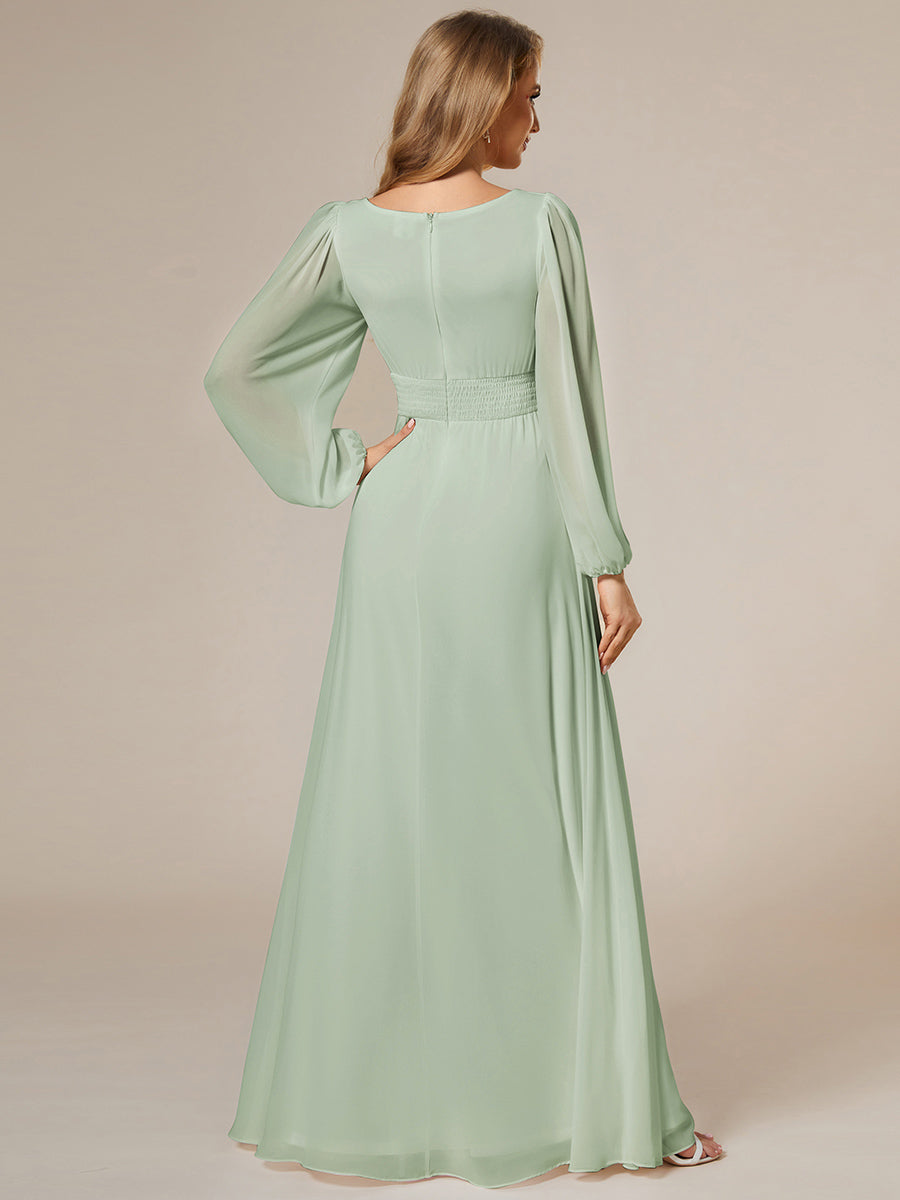 Chiffon Long Sleeve Pleated Floor Length Bridesmaid Dress in Mint Green #color_Mint Green