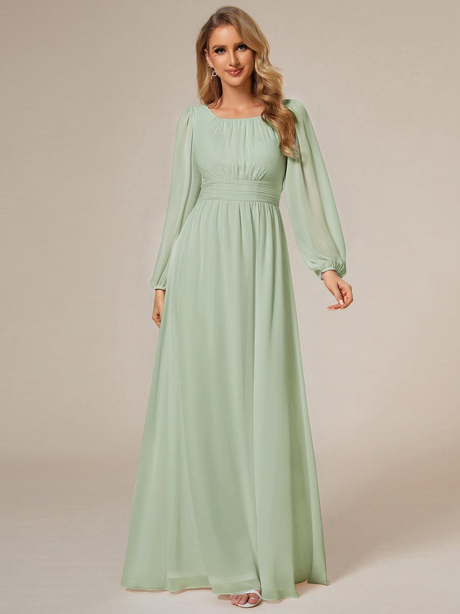 Chiffon Long Sleeve Pleated Floor Length Bridesmaid Dress in Mint Green #color_Mint Green