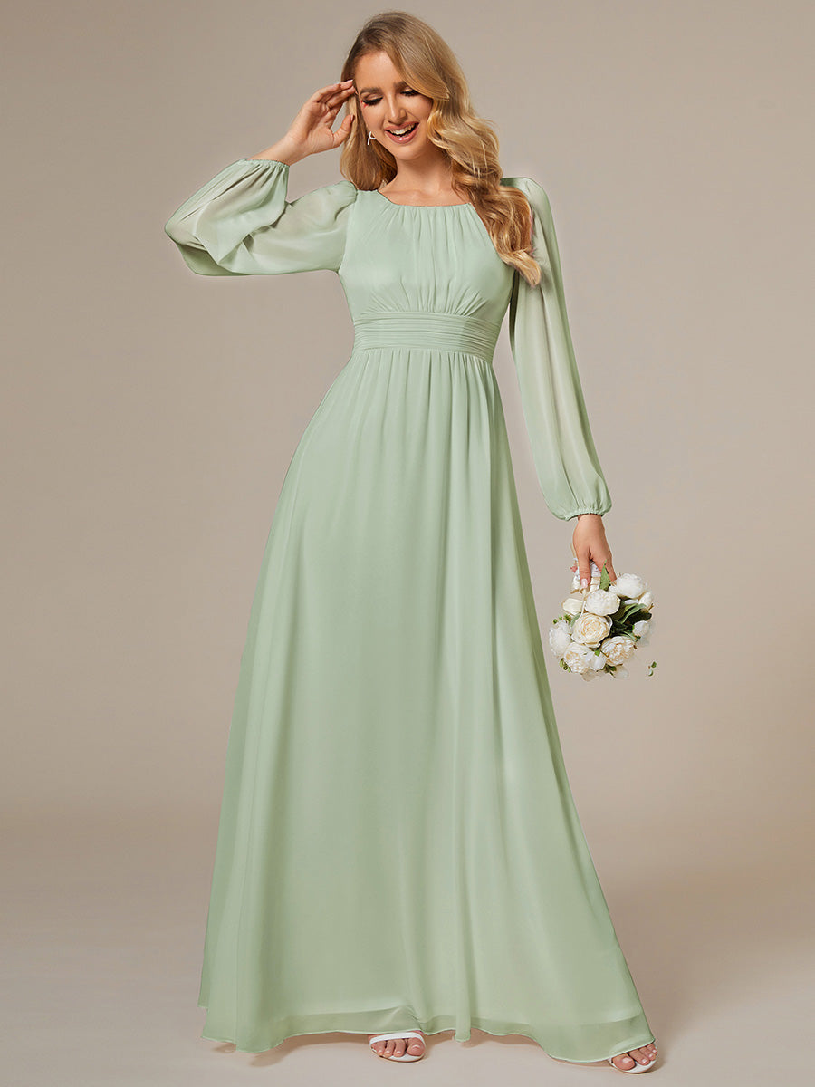 Chiffon Long Sleeve Pleated Floor Length Bridesmaid Dress in Mint Green #color_Mint Green