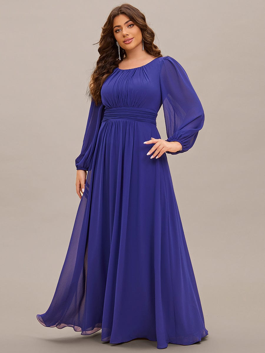 Chiffon Long Sleeve Pleated Floor Length Bridesmaid Dress #color_Sapphire Blue