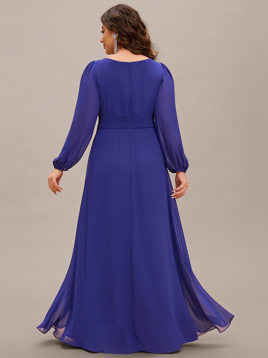 Chiffon Long Sleeve Pleated Floor Length Bridesmaid Dress #color_Sapphire Blue