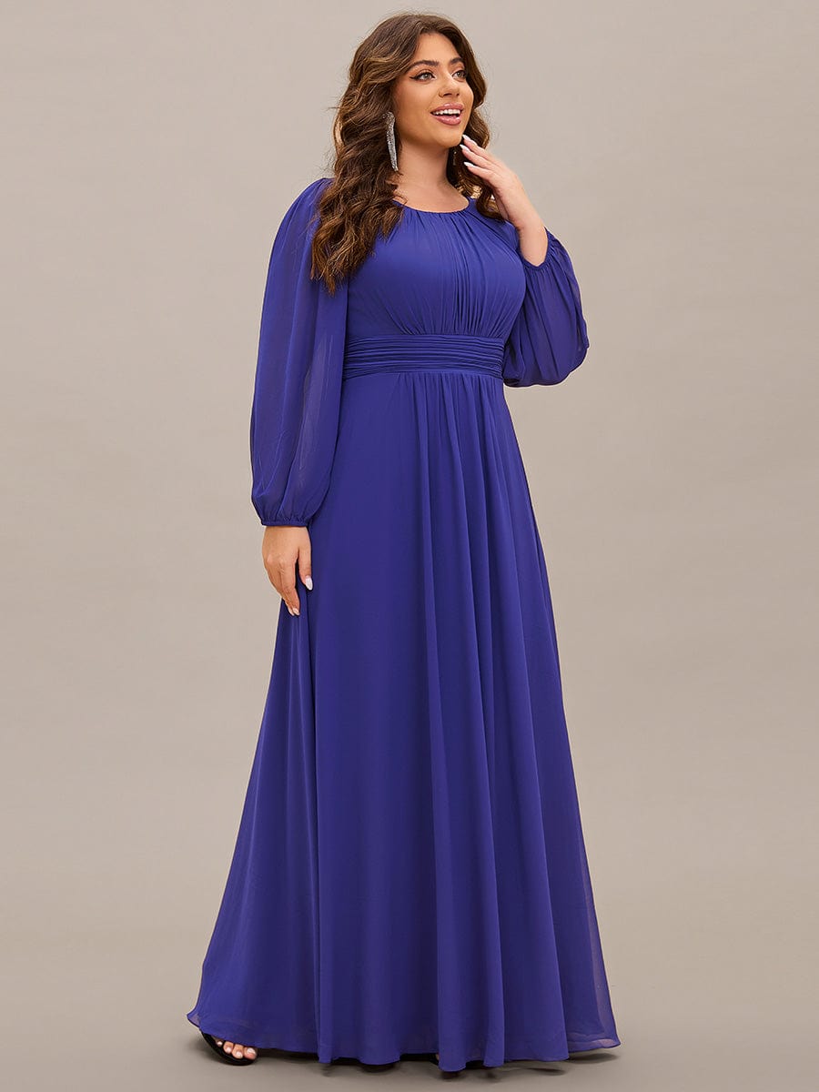 Chiffon Long Sleeve Pleated Floor Length Bridesmaid Dress #color_Sapphire Blue