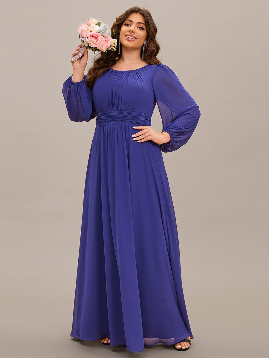 Chiffon Long Sleeve Pleated Floor Length Bridesmaid Dress #color_Sapphire Blue