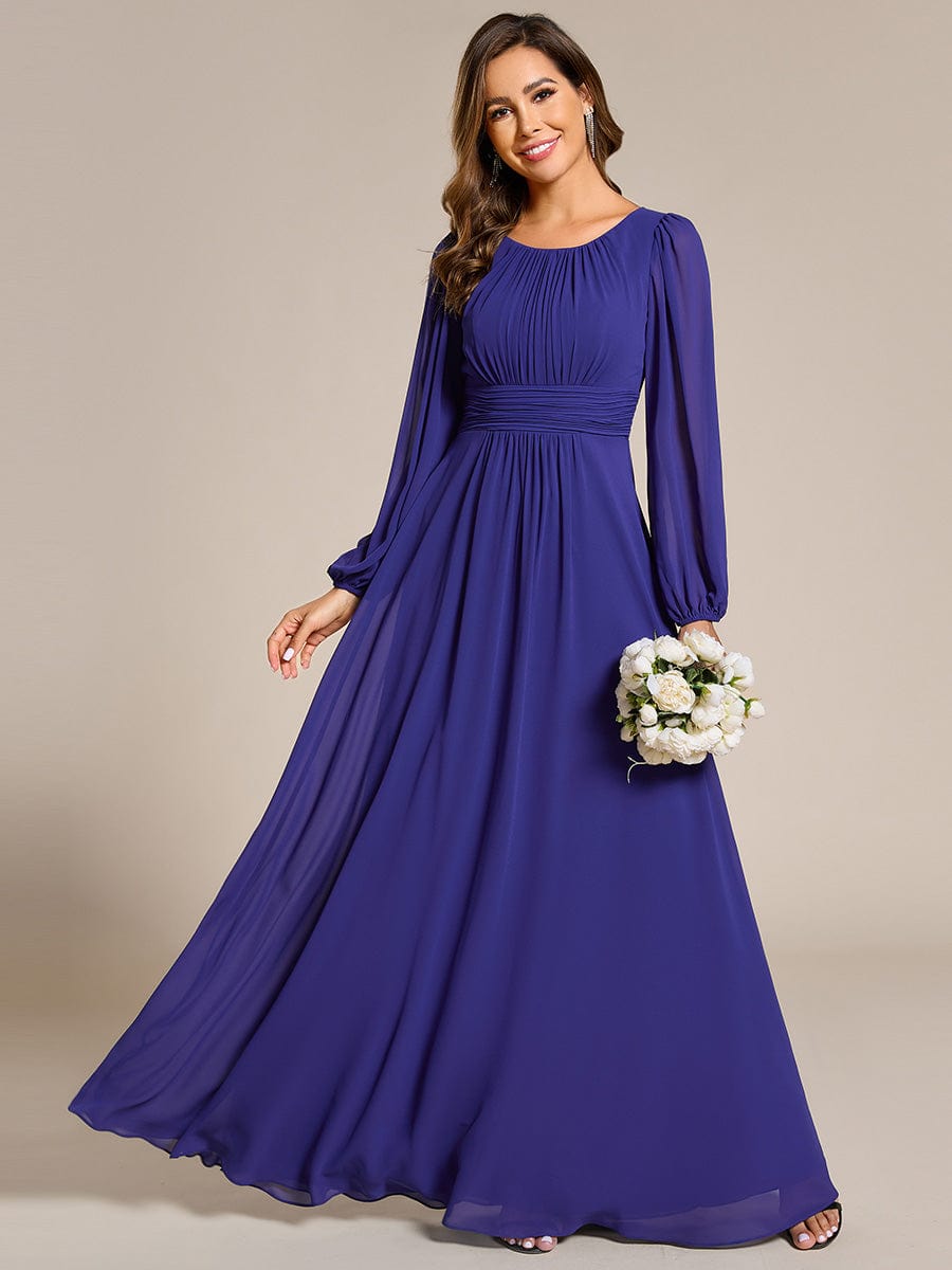 Chiffon Long Sleeve Pleated Floor Length Bridesmaid Dress #color_Sapphire Blue