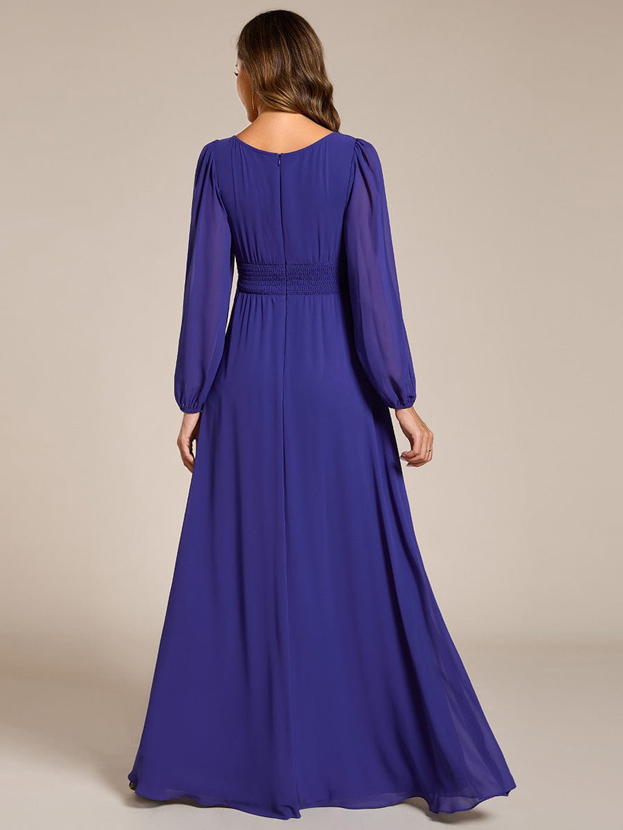 Chiffon Long Sleeve Pleated Floor Length Bridesmaid Dress #color_Sapphire Blue