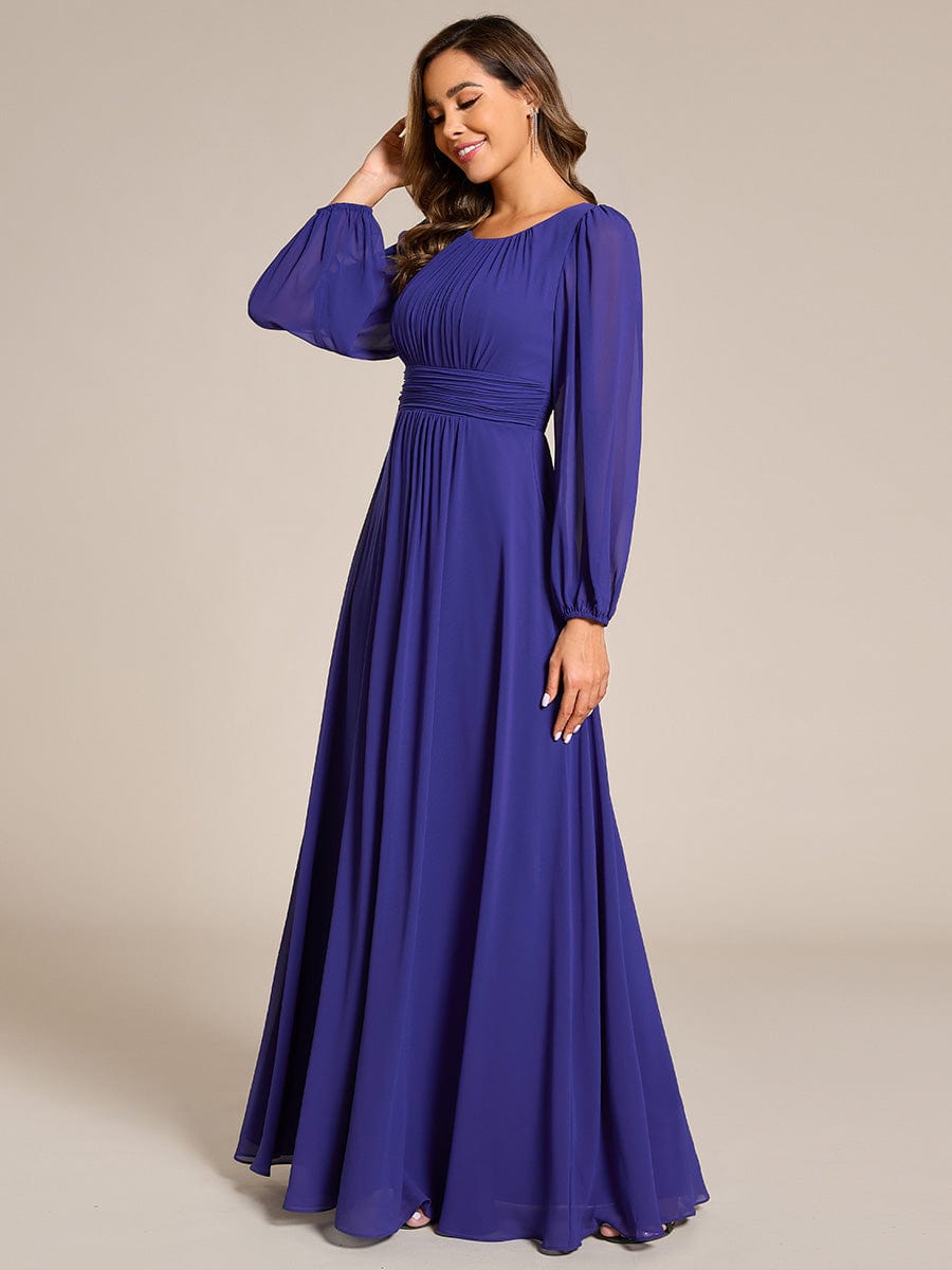 Chiffon Long Sleeve Pleated Floor Length Bridesmaid Dress #color_Sapphire Blue