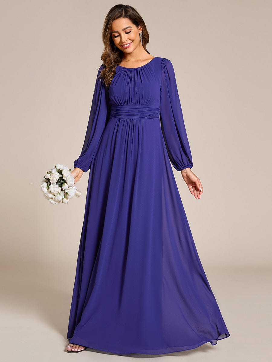 Chiffon Long Sleeve Pleated Floor Length Bridesmaid Dress #color_Sapphire Blue